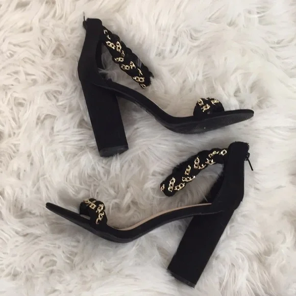 Qupid Sexy Black Braided Chain Accent Chunky Heels - Picture 13 of 16